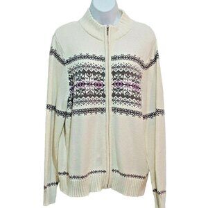 Vintage Cardigan Sweater XL Ivory Nordic Fair Isle Snowflake Zip Up Grandpa
